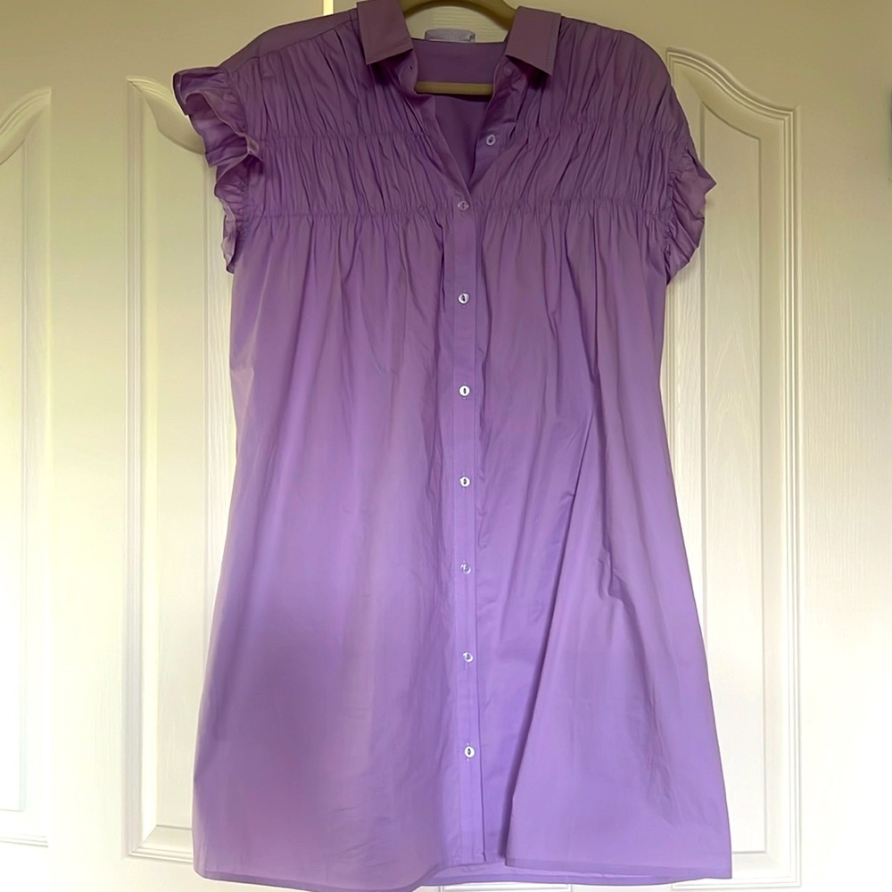 Avara brand button up dress in lilac color.